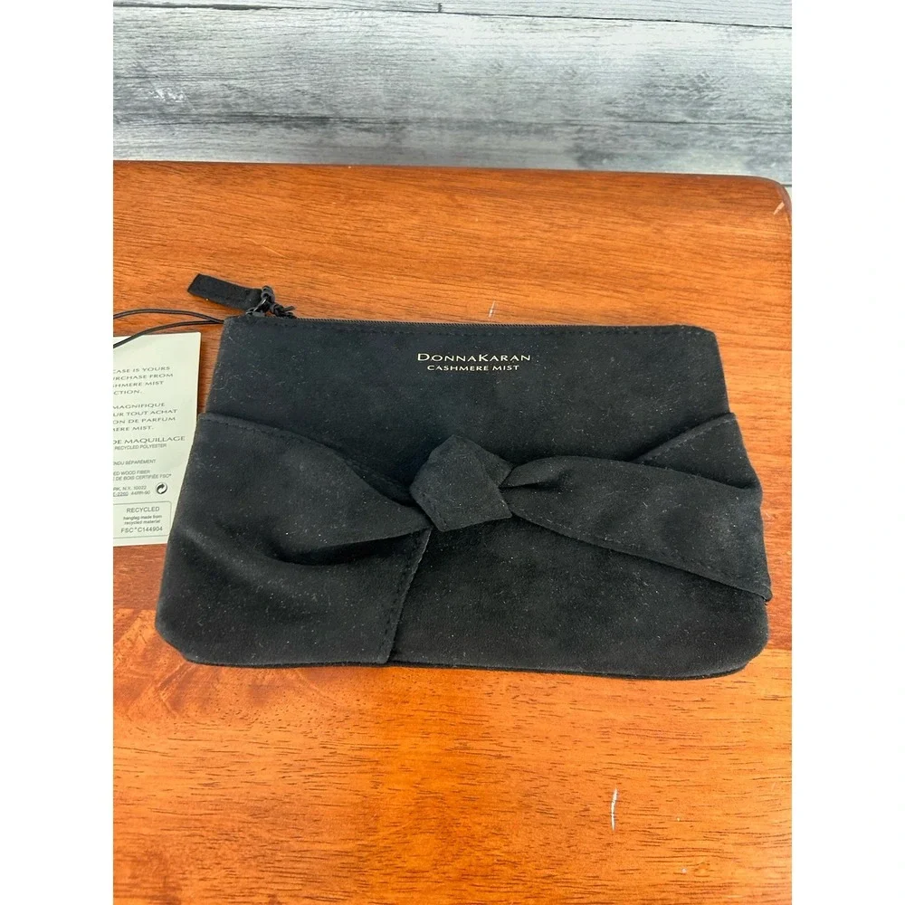 NWT Donna Karan Cashmere Mist Cosmetic Case Makeup Bag Black Bow